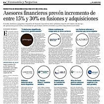 Asesores financieros prevn incremento de entre 15% y 30% en fusiones y adquisiciones